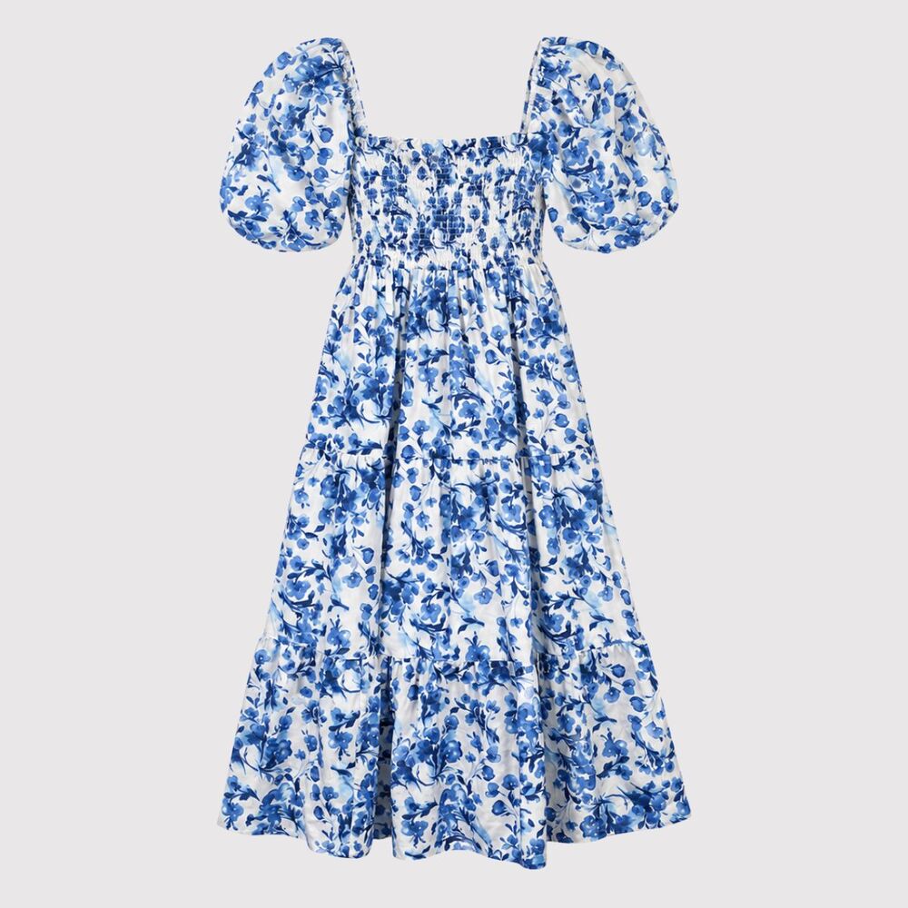 Abercrombie Fitch Midi Dress Blue Toile De Jouy Smocked Puffed Cottagecore Small